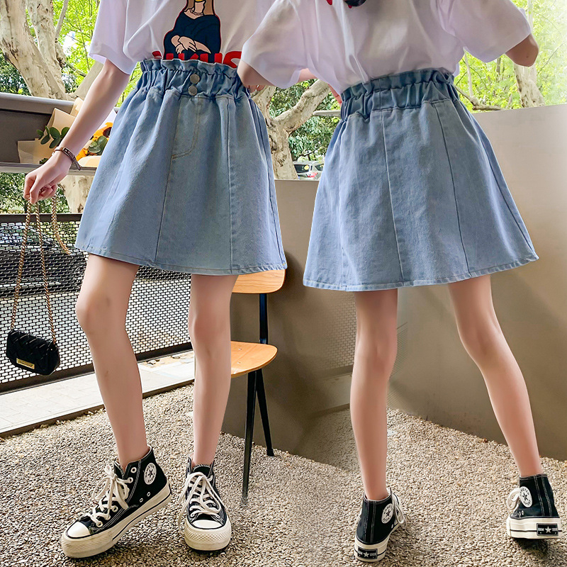 Lányoknak szóló denim A-vonalú szoknya, egyszínű, 80% pamut, 8+ éveseknek (140 cm felett), nyár