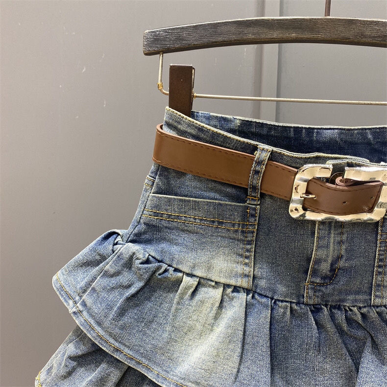 Gyerekeknek készült koreai stílusú denim cake szoknya gumis derékkal, 95% pamut anyagú szövet és 81–90% pamut bélés, lágyított felület