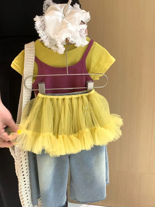 Dopamine set za djevojčice – ljetni korejski stil, trodijelni komplet: top s kratkim rukavima i slojevita suknja u stilu princeze