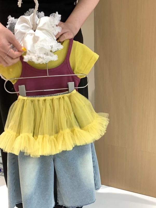 Dopamine set za djevojčice – ljetni korejski stil, trodijelni komplet: top s kratkim rukavima i slojevita suknja u stilu princeze