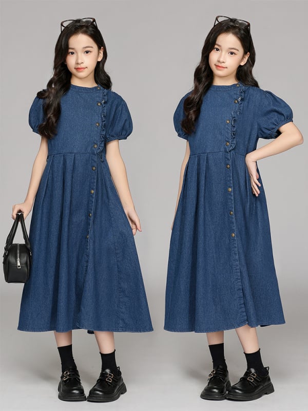 Detské šaty s A-line z denimu – kórejská verzia, kaubojský denim, 95% bavlna, pre deti nad 8 rokov (výška nad 140 cm), leto 2025