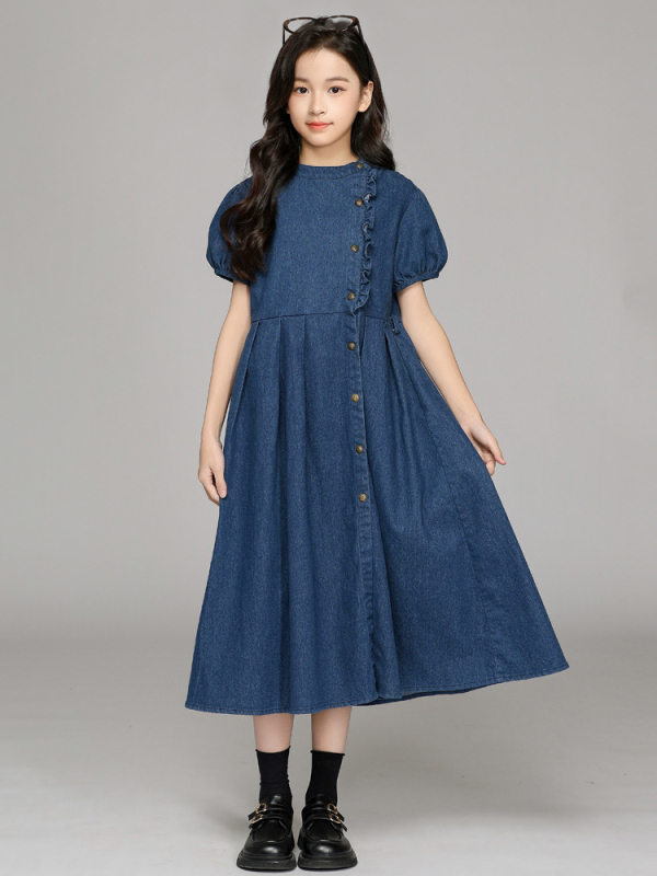 Detské šaty s A-line z denimu – kórejská verzia, kaubojský denim, 95% bavlna, pre deti nad 8 rokov (výška nad 140 cm), leto 2025