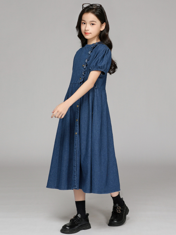 Detské šaty s A-line z denimu – kórejská verzia, kaubojský denim, 95% bavlna, pre deti nad 8 rokov (výška nad 140 cm), leto 2025