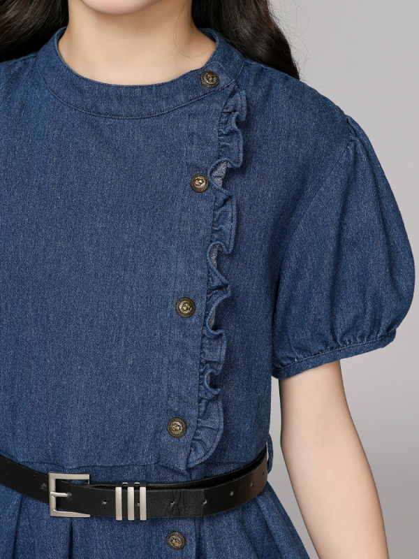 Detské šaty s A-line z denimu – kórejská verzia, kaubojský denim, 95% bavlna, pre deti nad 8 rokov (výška nad 140 cm), leto 2025