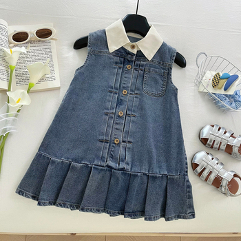 Dječja vest haljina u korejskom stilu s A-linijskim krojem, denim/pamuk, 65% poliester, mekana obrada tkanine, ljeto 2025