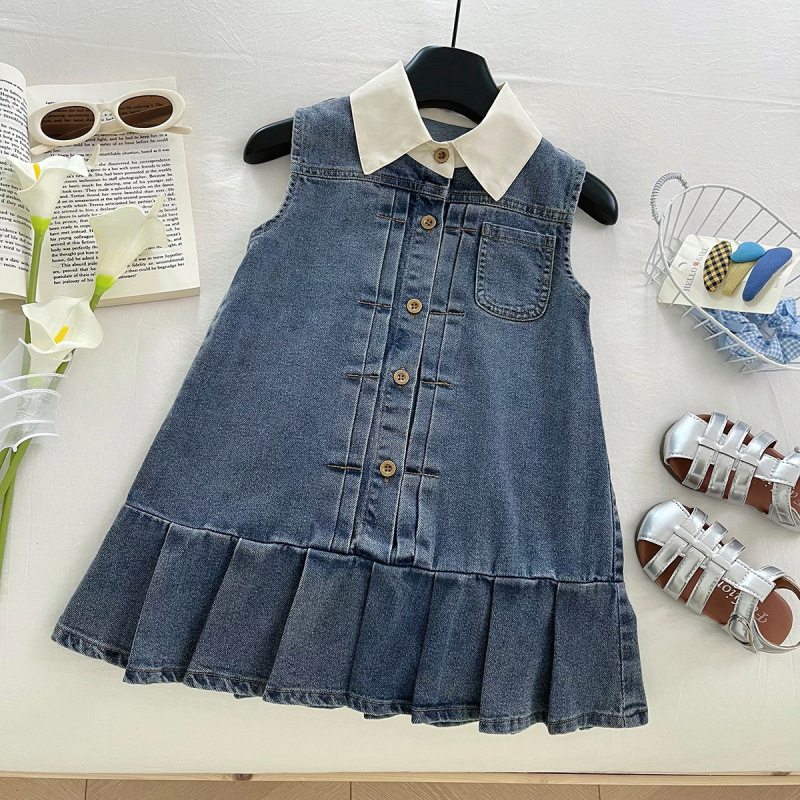 Dječja vest haljina u korejskom stilu s A-linijskim krojem, denim/pamuk, 65% poliester, mekana obrada tkanine, ljeto 2025