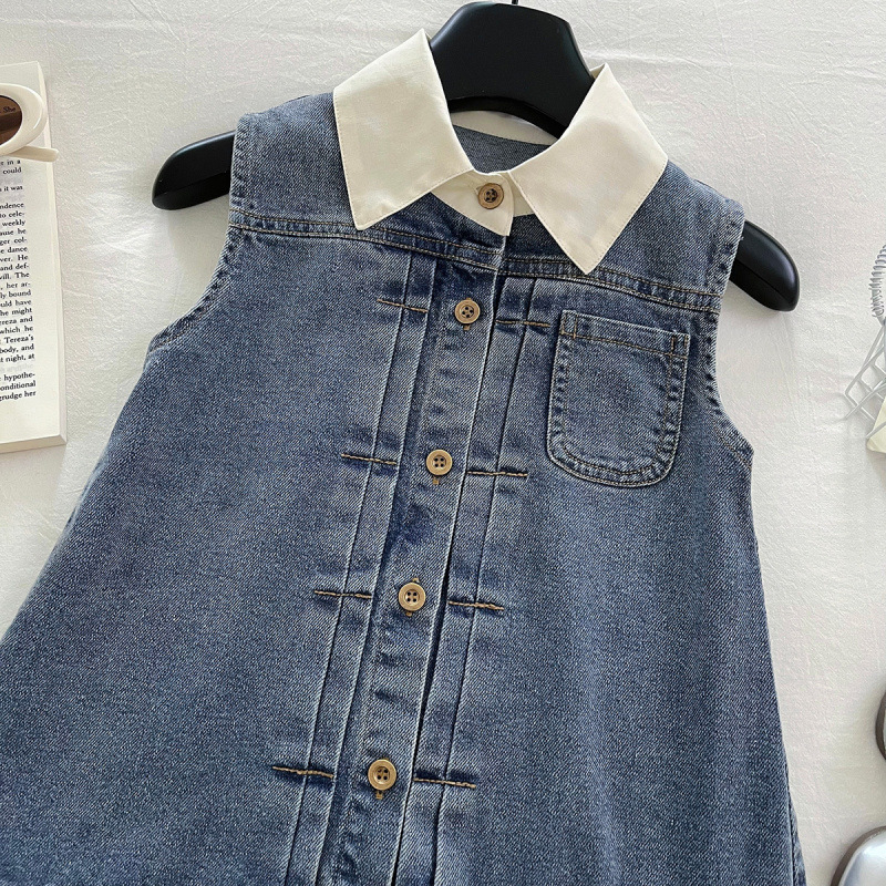Dječja vest haljina u korejskom stilu s A-linijskim krojem, denim/pamuk, 65% poliester, mekana obrada tkanine, ljeto 2025