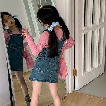 Fustă denim cu bretele pentru fetițe – stil coreean, croială în A, culoare solidă, textură moale, pentru copii 3–8 ani