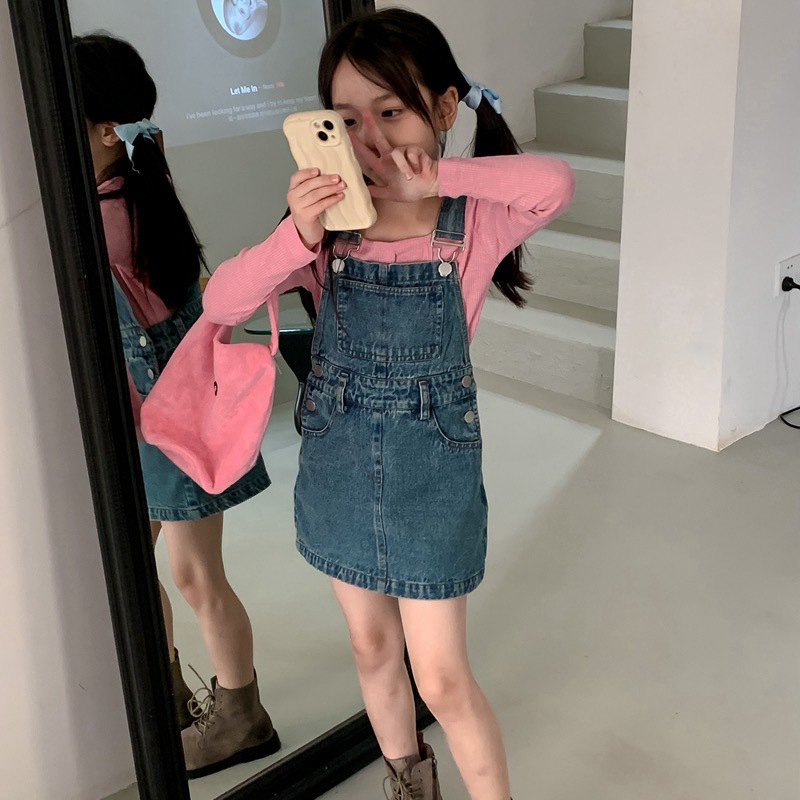 Fustă denim cu bretele pentru fetițe – stil coreean, croială în A, culoare solidă, textură moale, pentru copii 3–8 ani