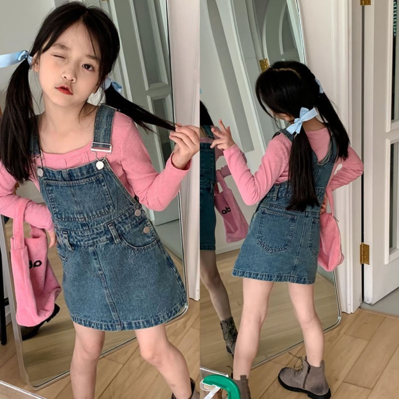 Fustă denim cu bretele pentru fetițe – stil coreean, croială în A, culoare solidă, textură moale, pentru copii 3–8 ani