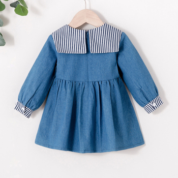 Dječja haljina za djevojčice s prugama i mornarskim ovratnikom, dugi rukavi, 95% pamuk, denim color-block dizajn