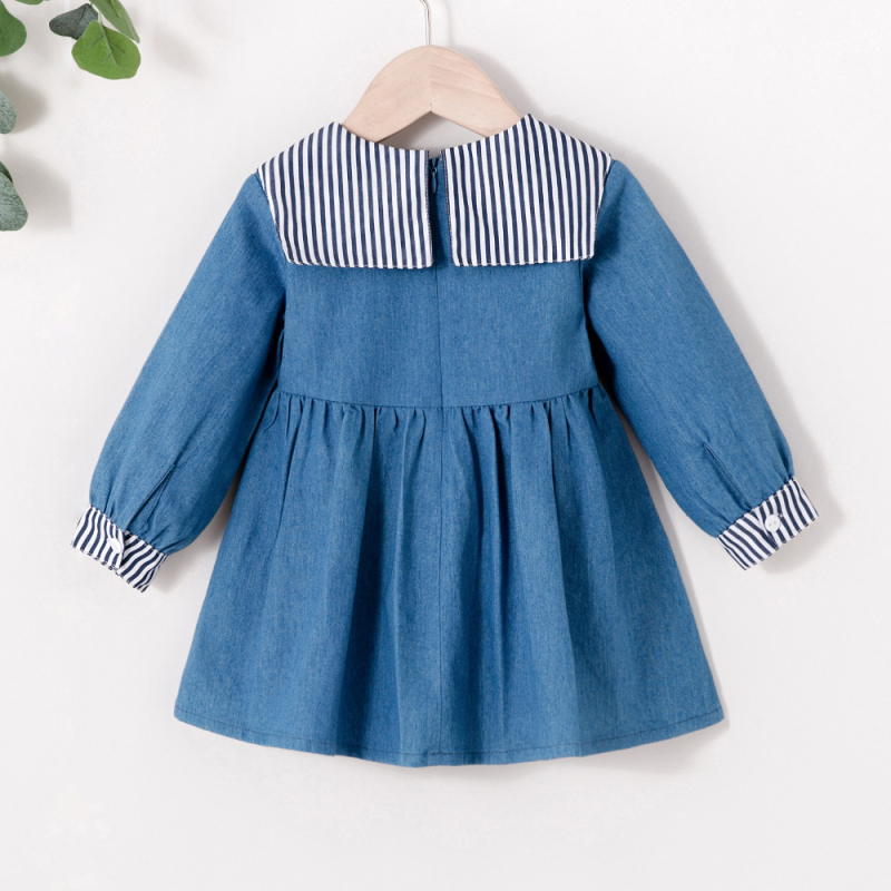 Dječja haljina za djevojčice s prugama i mornarskim ovratnikom, dugi rukavi, 95% pamuk, denim color-block dizajn