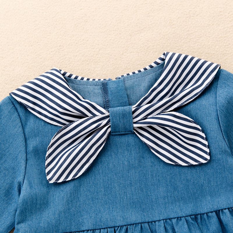 Dječja haljina za djevojčice s prugama i mornarskim ovratnikom, dugi rukavi, 95% pamuk, denim color-block dizajn
