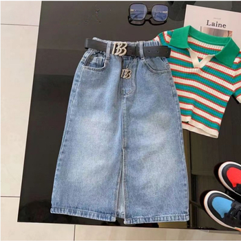 Koreai stílusú lányoknak szóló denims szoknya hasítékkal, pamut 81–91%, bélés pamut 81–90%, 8+ évesek (140 cm felett)
