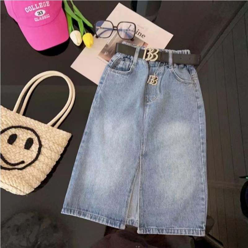 Koreai stílusú lányoknak szóló denims szoknya hasítékkal, pamut 81–91%, bélés pamut 81–90%, 8+ évesek (140 cm felett)