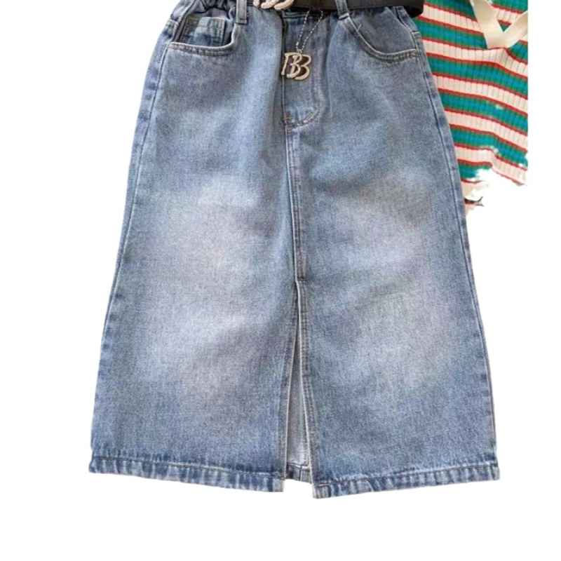 Koreai stílusú lányoknak szóló denims szoknya hasítékkal, pamut 81–91%, bélés pamut 81–90%, 8+ évesek (140 cm felett)