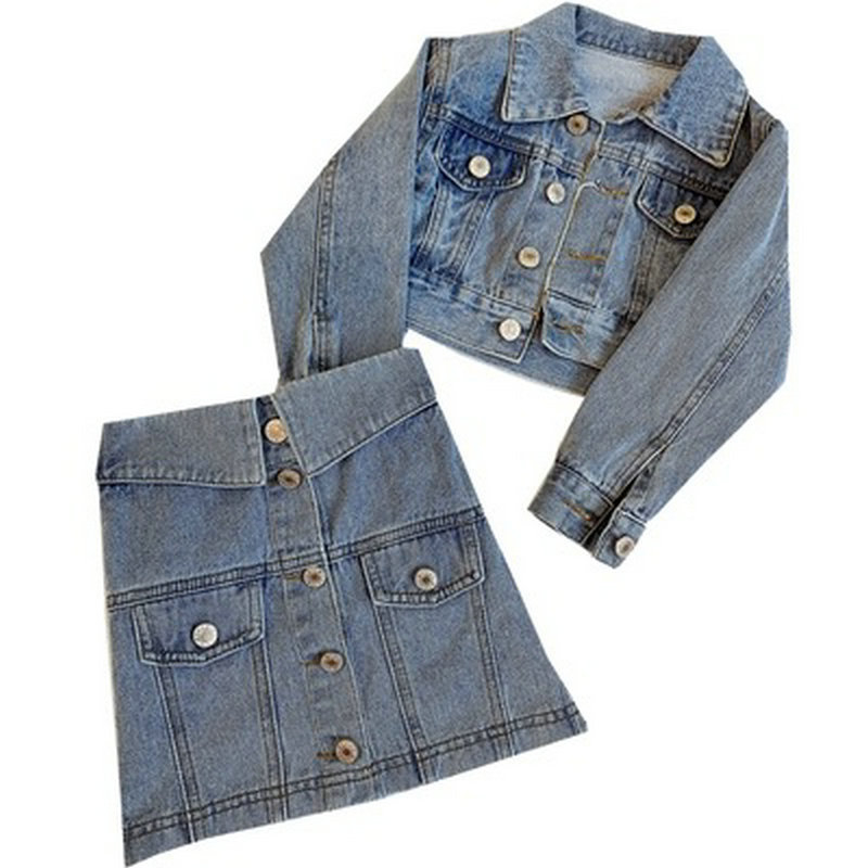 Dječji dvodijelni set od denima: kratki denim-top i suknja, dugi rukavi, jednostavne boje