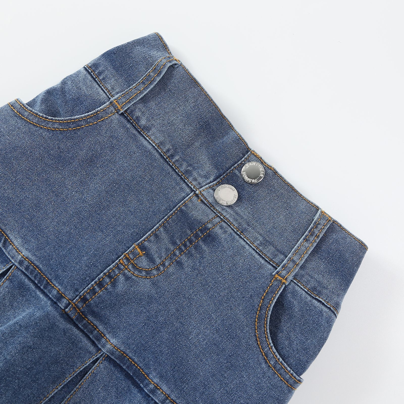 Gyerekeknek készült farmer pliszírozott miniszoknya, elasztikus derékú, édes stílus, lányoknak 8 év felett, tavasz–ősz