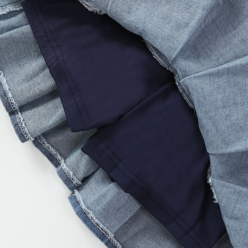 Gyerekeknek készült farmer pliszírozott miniszoknya, elasztikus derékú, édes stílus, lányoknak 8 év felett, tavasz–ősz