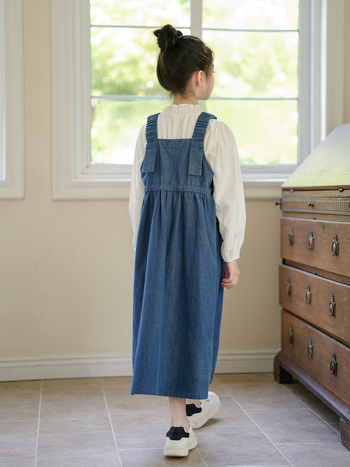 Dječja denimska haljina s naramenicama, Mori stil, francuski sladak retro dojam, dugi rukavi, 8+ godina, proljeće-ljeto-jesen; tkanina: denim; glavna vlakna: regenerirana celulozna vlakna >65%