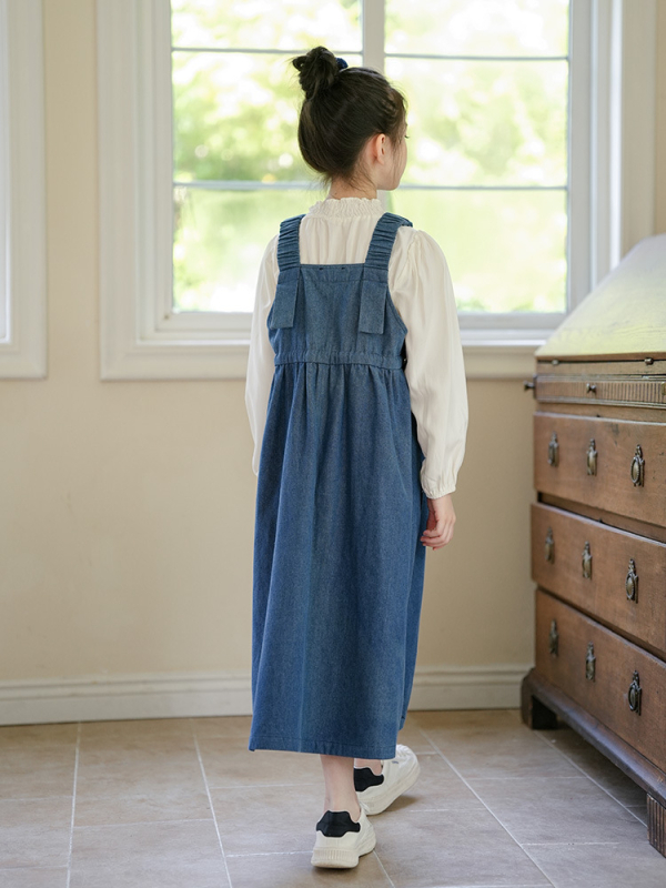 Dječja denimska haljina s naramenicama, Mori stil, francuski sladak retro dojam, dugi rukavi, 8+ godina, proljeće-ljeto-jesen; tkanina: denim; glavna vlakna: regenerirana celulozna vlakna >65%