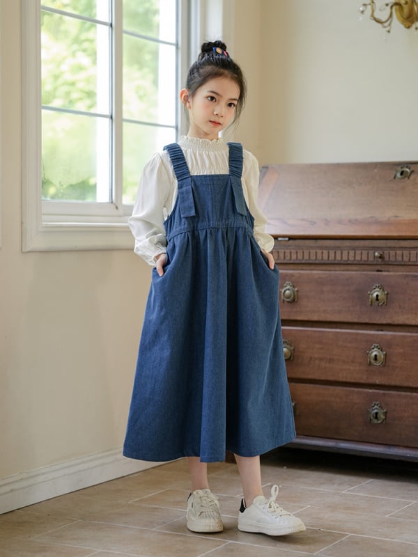 Dječja denimska haljina s naramenicama, Mori stil, francuski sladak retro dojam, dugi rukavi, 8+ godina, proljeće-ljeto-jesen; tkanina: denim; glavna vlakna: regenerirana celulozna vlakna >65%