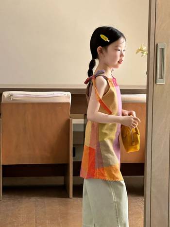 Lányoknak tervezett kockás vállpántos ruha koreai stílusban, pamut anyag (fő anyag 70–80% pamut), A‑vonalú szoknya, 3–8 éveseknek (100–140 cm), Nyár 2025