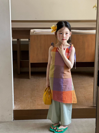 Lányoknak tervezett kockás vállpántos ruha koreai stílusban, pamut anyag (fő anyag 70–80% pamut), A‑vonalú szoknya, 3–8 éveseknek (100–140 cm), Nyár 2025