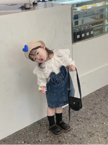 Kórejský štýl dievčenská denimová sukňa s ramienkami, 100% bavlna, vek 3–8 rokov