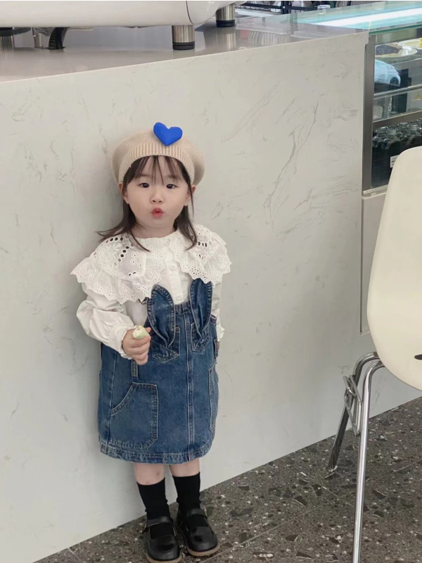 Kórejský štýl dievčenská denimová sukňa s ramienkami, 100% bavlna, vek 3–8 rokov
