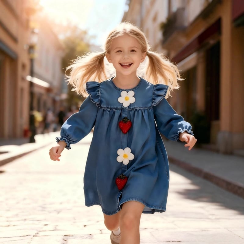 Lányos ruha, hamis denim hatás, hosszú ujjú, 3D virágok és 3D eper, poliészter