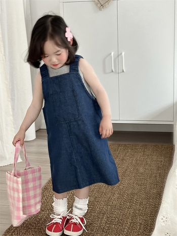 Lányoknak denim vállpántos ruha, koreai stílus, ujjatlan, 80% pamut, egyszínű, 2024 tavasz