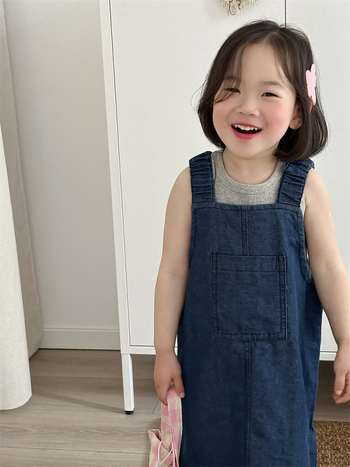 Lányoknak denim vállpántos ruha, koreai stílus, ujjatlan, 80% pamut, egyszínű, 2024 tavasz