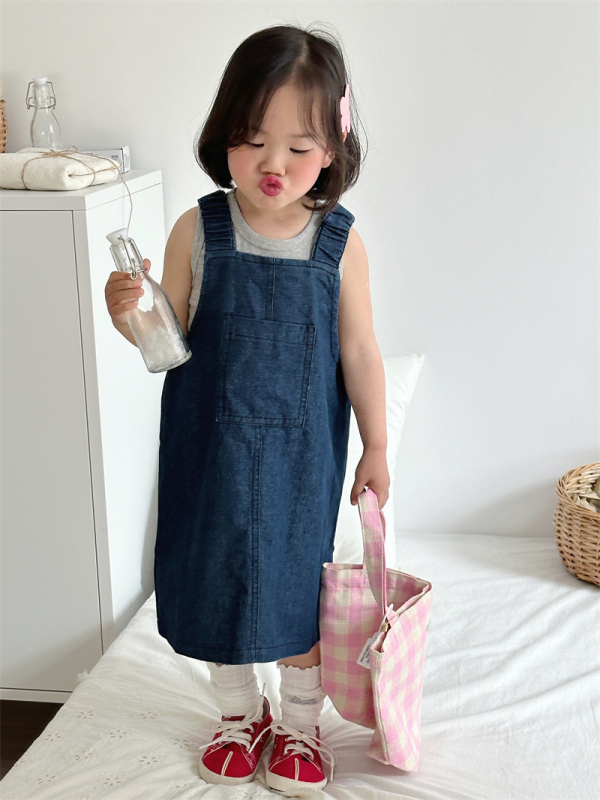 Lányoknak denim vállpántos ruha, koreai stílus, ujjatlan, 80% pamut, egyszínű, 2024 tavasz