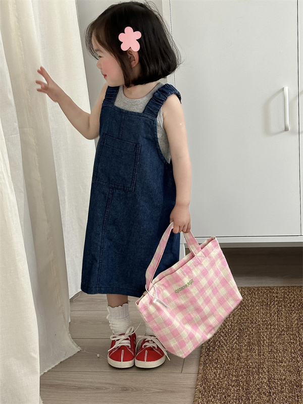 Lányoknak denim vállpántos ruha, koreai stílus, ujjatlan, 80% pamut, egyszínű, 2024 tavasz