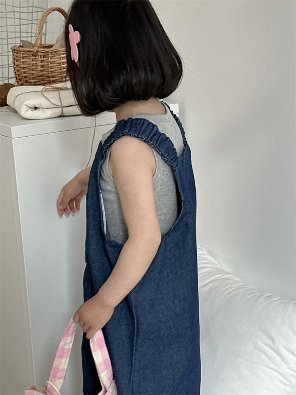 Lányoknak denim vállpántos ruha, koreai stílus, ujjatlan, 80% pamut, egyszínű, 2024 tavasz