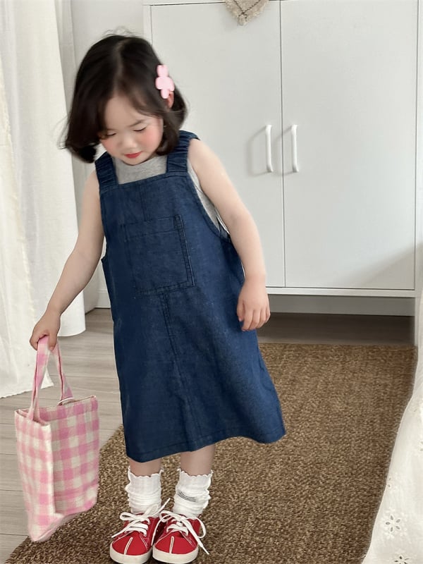 Lányoknak denim vállpántos ruha, koreai stílus, ujjatlan, 80% pamut, egyszínű, 2024 tavasz