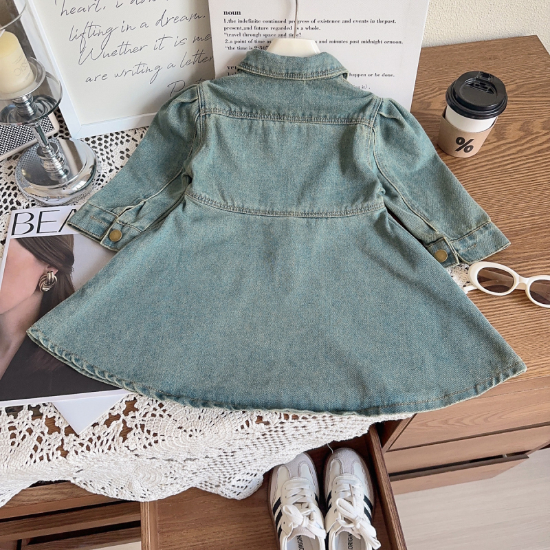 Lányok denim szoknyája, koreai stílusú, A-vonal, gallér, pamut 58,2%, 3-8 éveseknek, ősz 2024