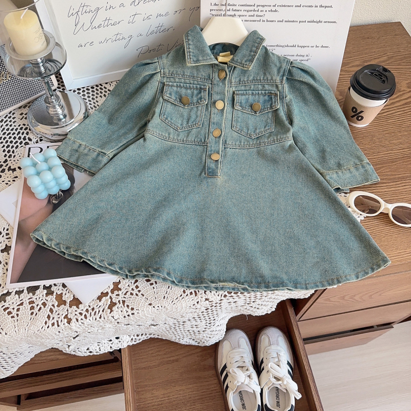 Lányok denim szoknyája, koreai stílusú, A-vonal, gallér, pamut 58,2%, 3-8 éveseknek, ősz 2024