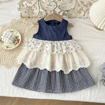 Gyerekeknek szóló ujjatlan ruha patchwork részletekkel, pamut szövet, bélés pamut, hercegnő stílus, 3-8 éveseknek, nyár