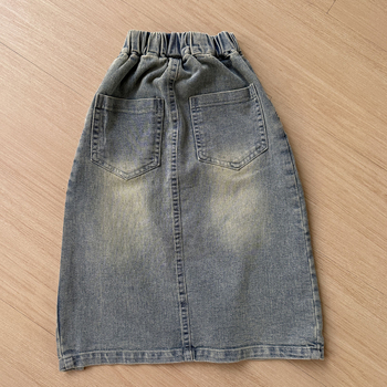 Fustă denim pentru copii, vară, lungime medie, despicare pe lateral, croială strânsă, Hong Kong–American design, 90–98% bumbac, Pentru copii 3–8 ani