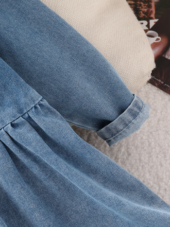 Rochie denim pentru fetițe cu guler rever, croială A-line, amestec bumbac-poliester 60% bumbac, culoare uni, vară 2025, pentru copii 3–8 ani