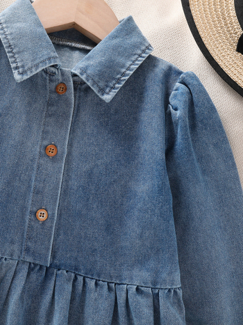 Rochie denim pentru fetițe cu guler rever, croială A-line, amestec bumbac-poliester 60% bumbac, culoare uni, vară 2025, pentru copii 3–8 ani