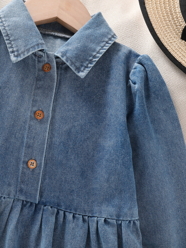 Rochie denim pentru fetițe cu guler rever, croială A-line, amestec bumbac-poliester 60% bumbac, culoare uni, vară 2025, pentru copii 3–8 ani