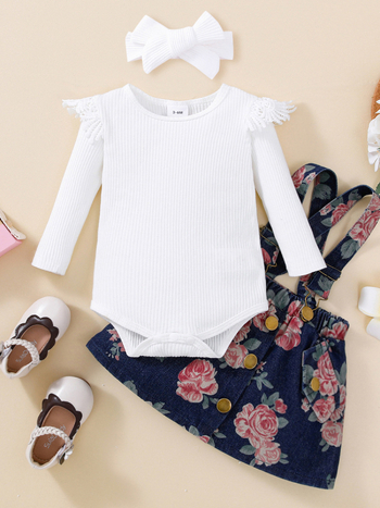 Detská dvojdielna súprava: top s dlhým rukávom a rifľová sukňa s kvetinovou potlačou; materiál 95% bavlna; vek 1–3 roky; jeseň.