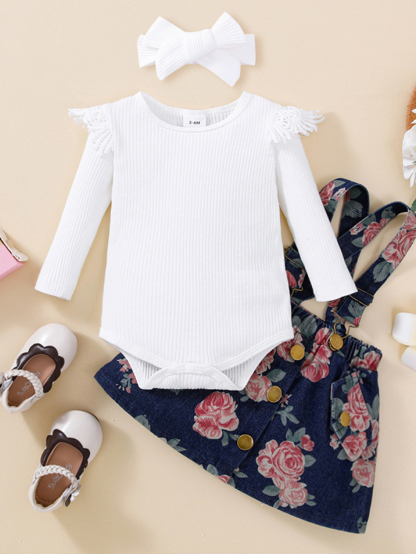 Detská dvojdielna súprava: top s dlhým rukávom a rifľová sukňa s kvetinovou potlačou; materiál 95% bavlna; vek 1–3 roky; jeseň.