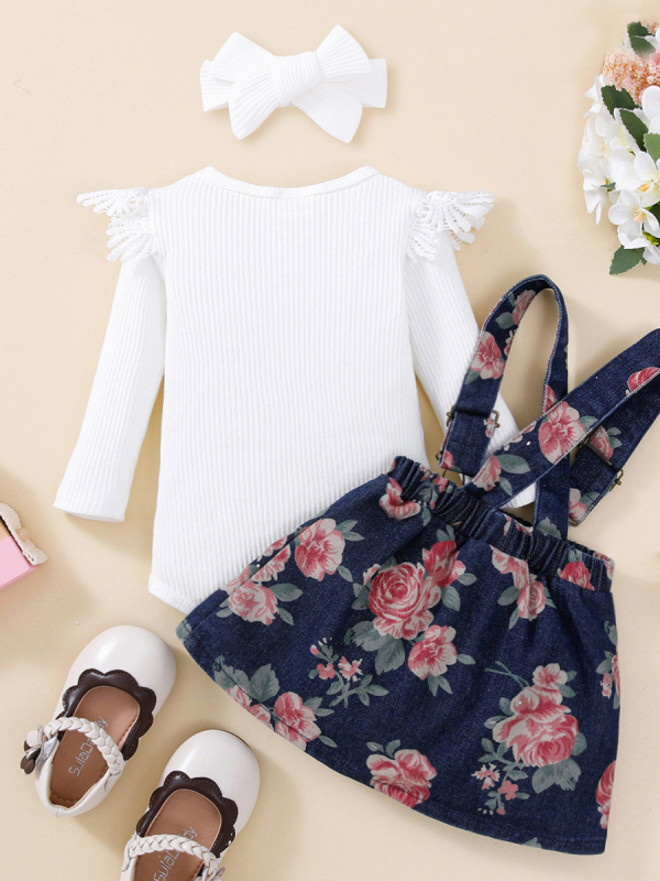 Detská dvojdielna súprava: top s dlhým rukávom a rifľová sukňa s kvetinovou potlačou; materiál 95% bavlna; vek 1–3 roky; jeseň.