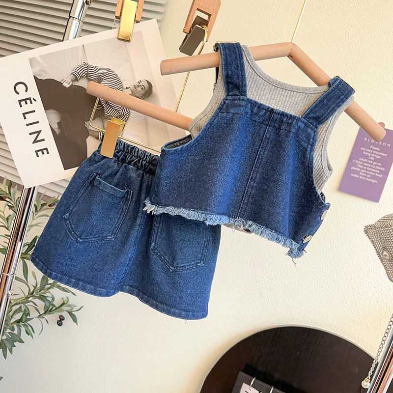 Gyerekek háromrészes készlet: koreai stílusú denim pántos ruha, ujjatlan, poliészter 71–80%