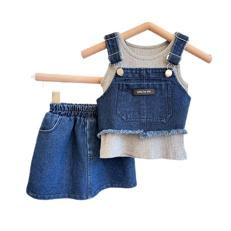 Gyerekek háromrészes készlet: koreai stílusú denim pántos ruha, ujjatlan, poliészter 71–80%