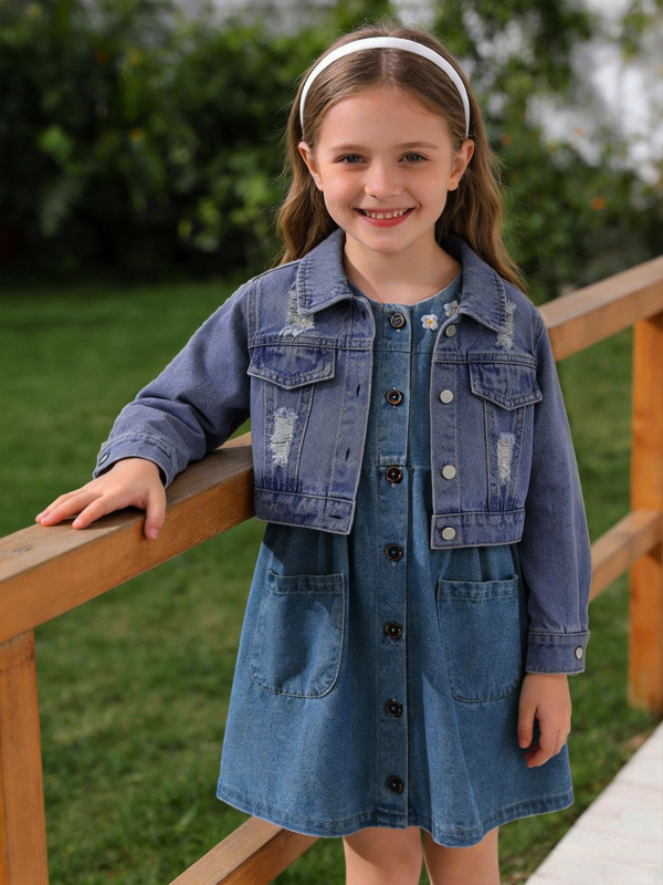 Lányoknak való farmerdzseki és ruha készlet, ujjatlan, virágos mintával, 3–8 éveseknek, tavasz–nyár